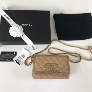 Chanel Beige Caviar Filigree Wallet On Chain